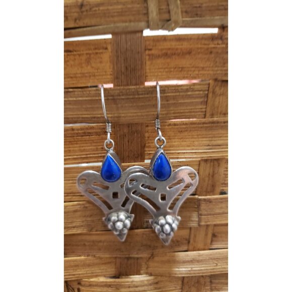 Vintage Silver Dangle Heart Shape Earrings With Lapis Lazuli S - Picture 8 of 10